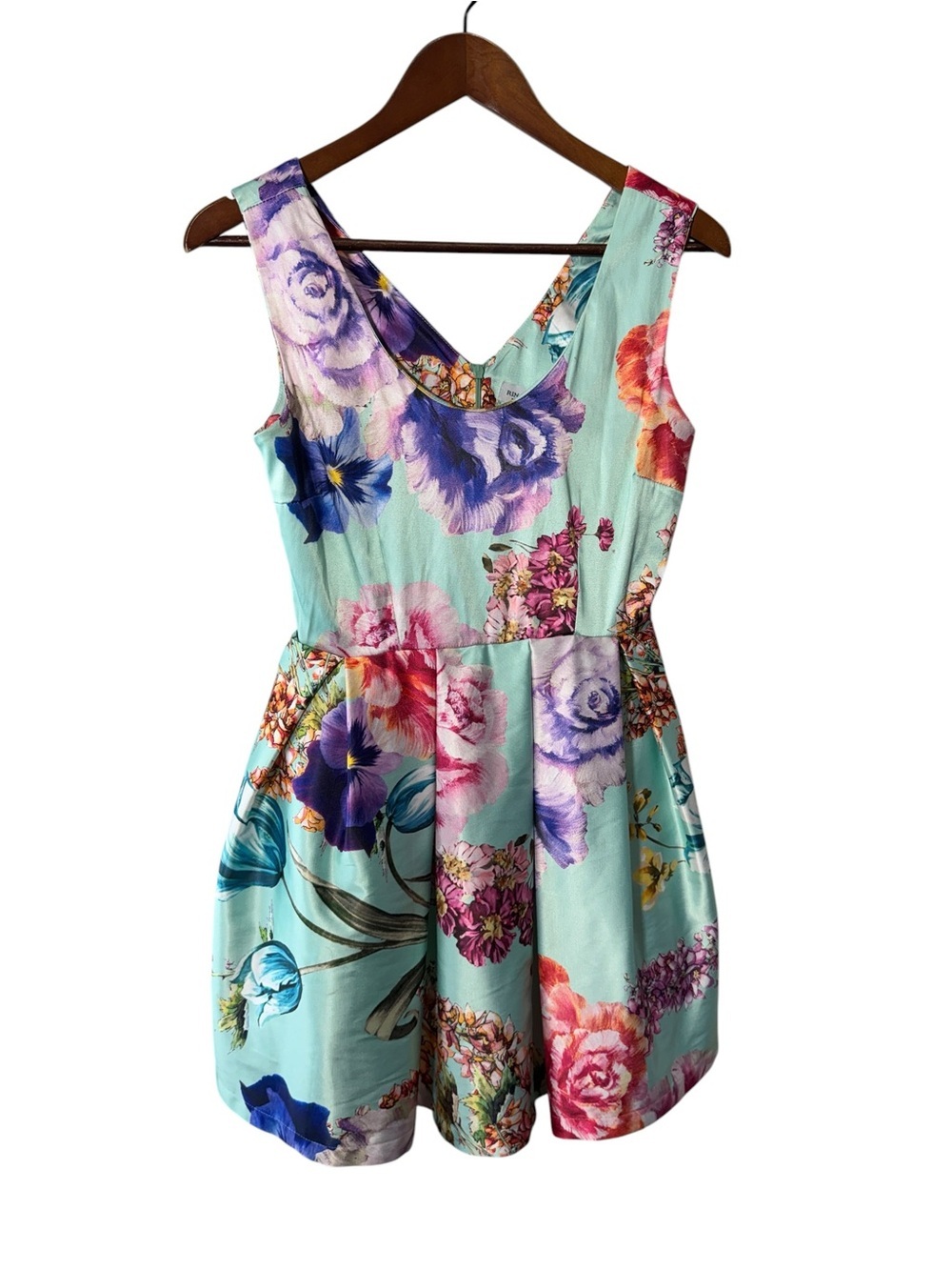 Rinascimento Blue Floral Scoop Neck Fit & Flare Dress Size Small